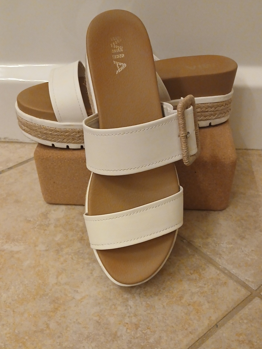 MIA White Espadrille Platform Slide Sandals with Rope Buckle